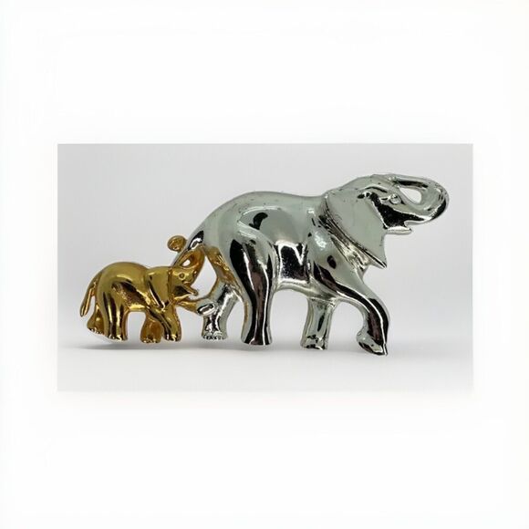 Vintage 1980s Elephant Brooch Mother Baby Calf Trunk Up Figural Pin Adoptive Mom - Picture 1 of 10